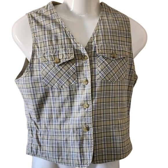 VTG 90's Columbia Reversible Plaid and Tan Button up Vest Women's Size Medium - Picture 1 of 9